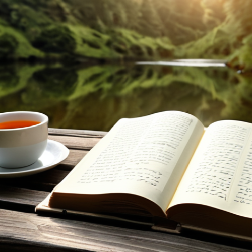 **Introspection and Self-Reflection**: An open journal with handwritten notes, a peaceful setting with soft lighting, and a cup of tea beside it. The background features a serene nature scene, symbolizing the journey of self-discovery through introspection.
