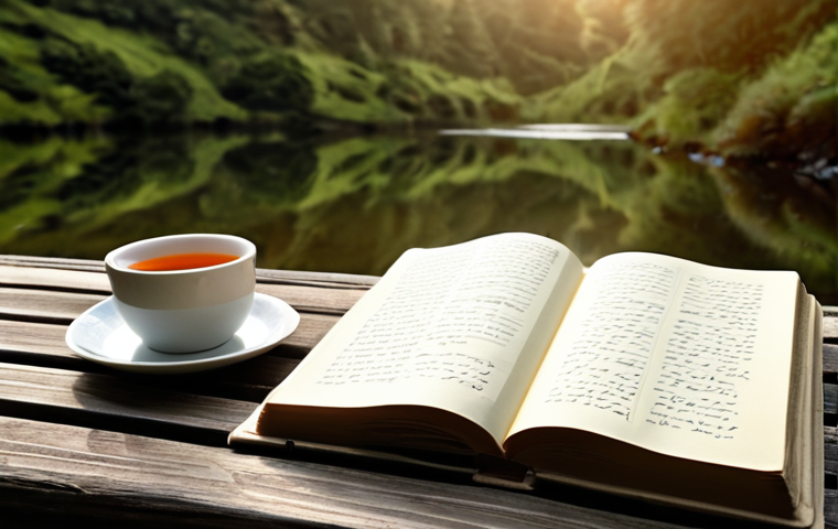 **Introspection and Self-Reflection**: An open journal with handwritten notes, a peaceful setting with soft lighting, and a cup of tea beside it. The background features a serene nature scene, symbolizing the journey of self-discovery through introspection.