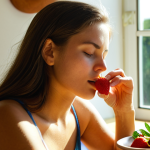 **Image Prompt:** A serene woman practices mindful eating, eyes closed, deeply savoring a ripe strawberry. Sunlight streams through a window onto a table set with fresh, colorful fruits and vegetables. Soft, natural lighting, focus on sensory experience, vibrant colors. The scene embodies the concept of "Despertando tus Sentidos: Alimentación Consciente."