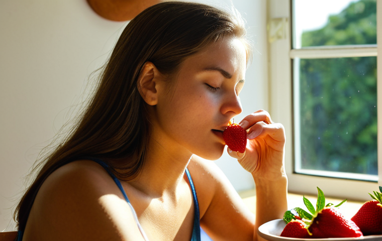 **Image Prompt:** A serene woman practices mindful eating, eyes closed, deeply savoring a ripe strawberry. Sunlight streams through a window onto a table set with fresh, colorful fruits and vegetables. Soft, natural lighting, focus on sensory experience, vibrant colors. The scene embodies the concept of "Despertando tus Sentidos: Alimentación Consciente."
