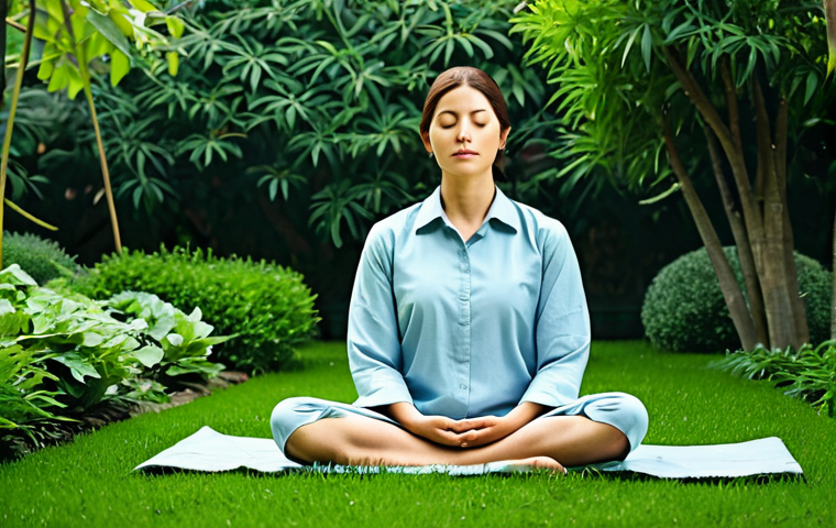 Inner Reflection & Meditation**

"A woman in comfortable, modest clothing is meditating peacefully in a serene garden filled with lush greenery. The scene conveys tranquility and introspection. Fully clothed, appropriate attire, safe for work, perfect anatomy, natural proportions, professional photography, high quality, family-friendly."

**
