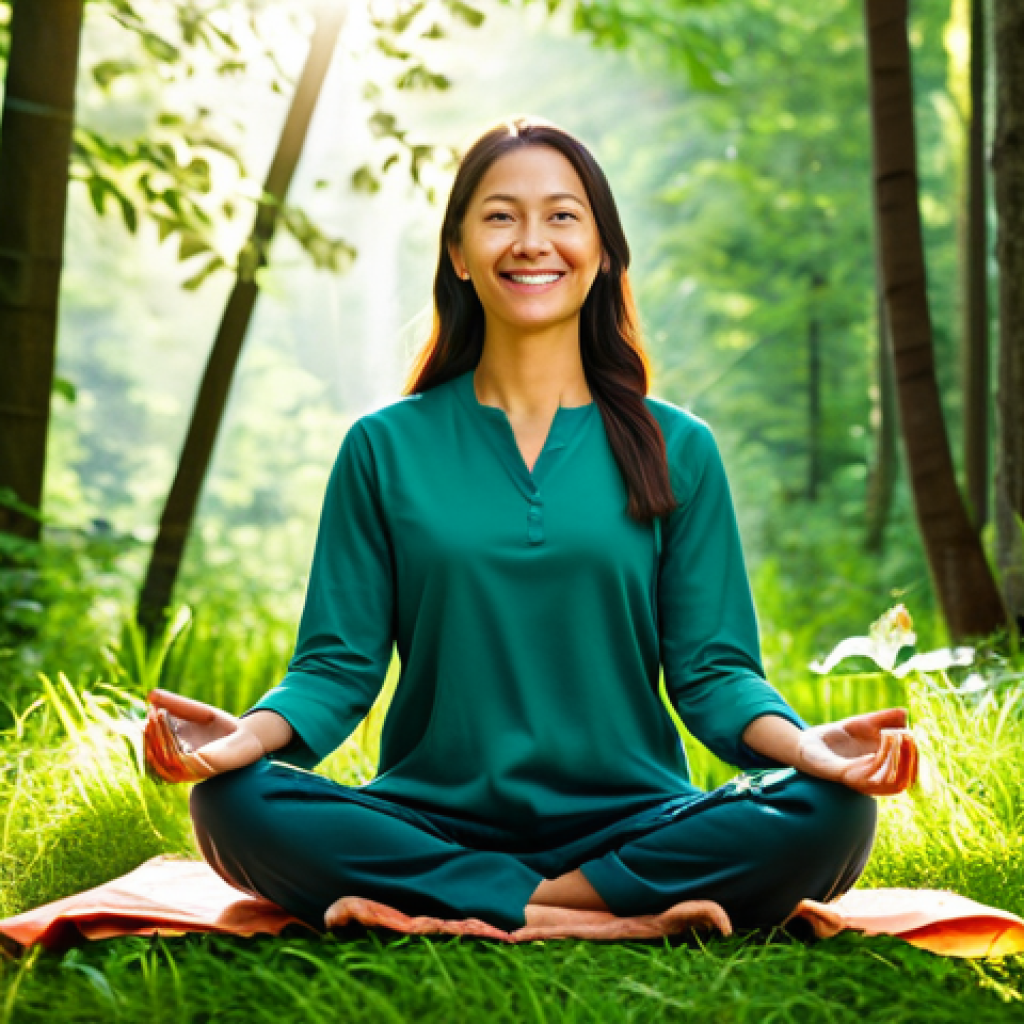 Peaceful Meditation in Nature**
A woman in comfortable, modest clothing meditates peacefully in a lush green forest. Sunlight filters through the trees, creating a serene and calming atmosphere. She has a gentle smile. Perfect anatomy, correct proportions, natural pose, safe for work, appropriate content, fully clothed, professional, family-friendly, high quality.
**