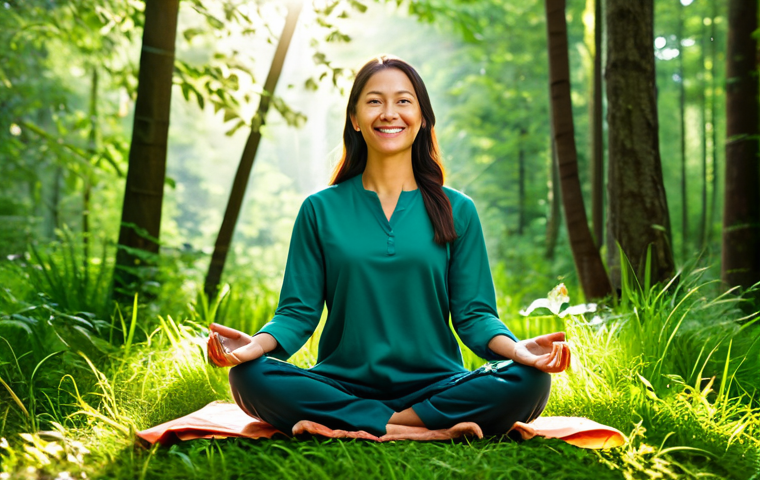 Peaceful Meditation in Nature**

A woman in comfortable, modest clothing meditates peacefully in a lush green forest. Sunlight filters through the trees, creating a serene and calming atmosphere. She has a gentle smile. Perfect anatomy, correct proportions, natural pose, safe for work, appropriate content, fully clothed, professional, family-friendly, high quality.

**