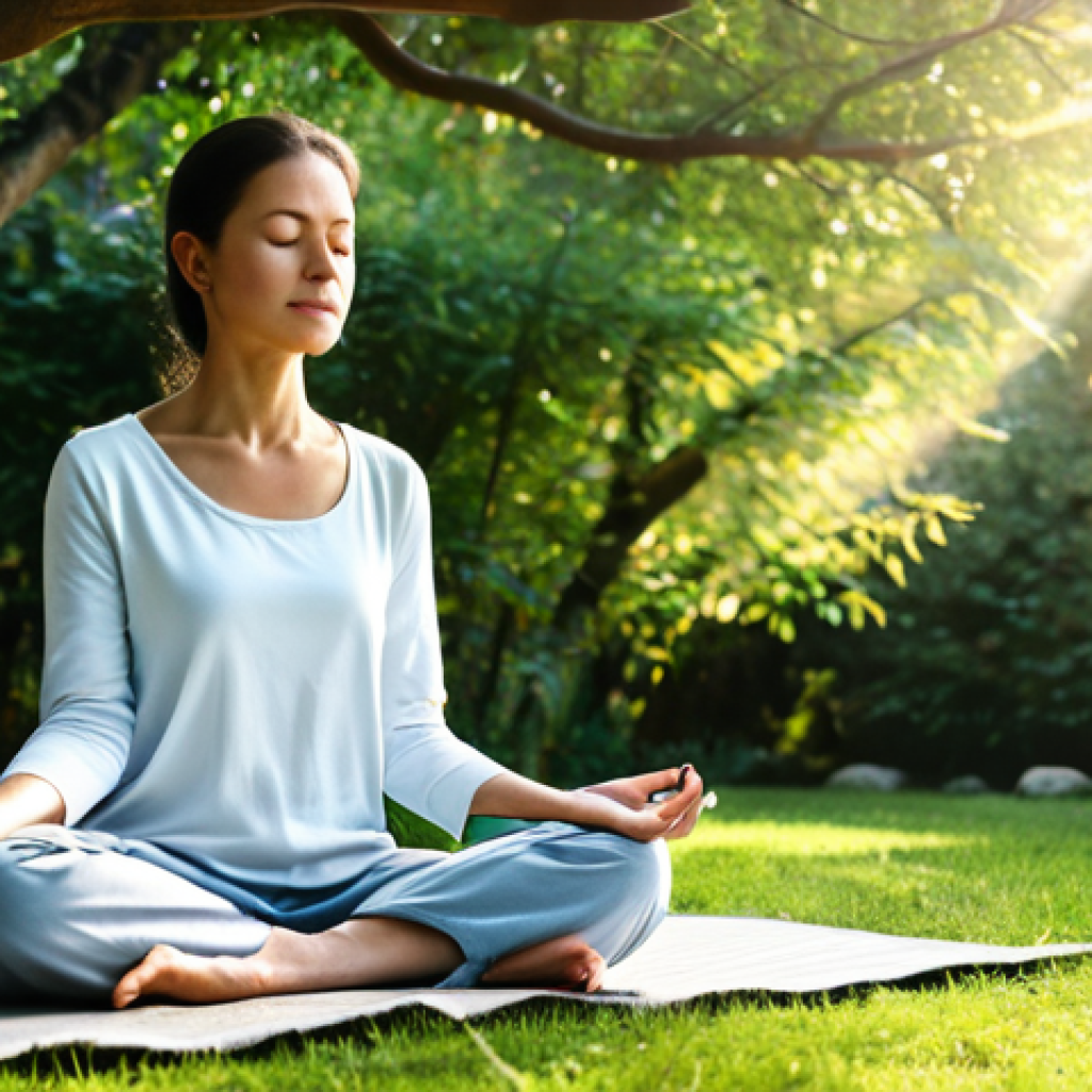 Mindful Meditation in Nature**

A woman in comfortable, modest clothing sits in a peaceful garden, meditating mindfully. Sunlight filters through the trees. The scene is serene and calming. Perfect anatomy, correct proportions, well-formed hands, proper finger count, natural pose, safe for work, appropriate content, fully clothed, professional, family-friendly, high quality.

**