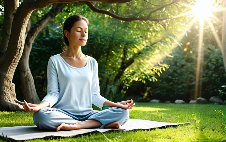 Mindful Meditation in Nature**

A woman in comfortable, modest clothing sits in a peaceful garden, meditating mindfully. Sunlight filters through the trees. The scene is serene and calming. Perfect anatomy, correct proportions, well-formed hands, proper finger count, natural pose, safe for work, appropriate content, fully clothed, professional, family-friendly, high quality.

**