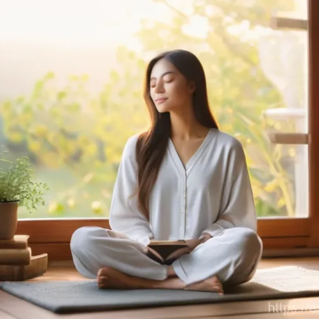 내면의 지혜를 키우는 일상 습관 - **"A serene woman, mid-30s, with long, flowing hair and a peaceful expression, engaging in a gentle ...