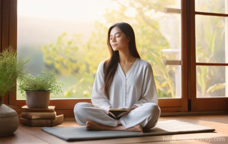 내면의 지혜를 키우는 일상 습관 - **"A serene woman, mid-30s, with long, flowing hair and a peaceful expression, engaging in a gentle ...