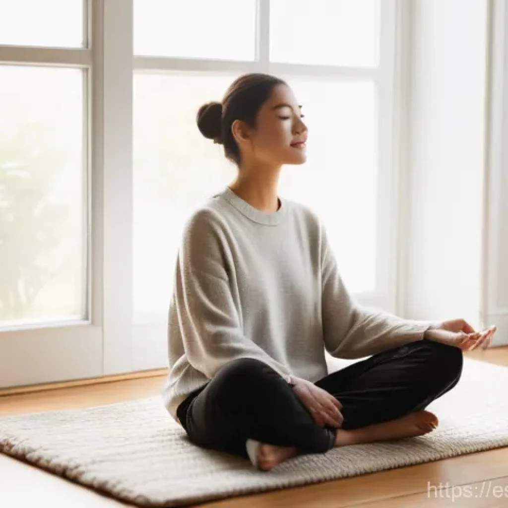 내면의 지혜를 통한 인간관계의 개선 - **Prompt:** A serene young woman in her late 20s sits comfortably on a plush, light-colored rug in a...