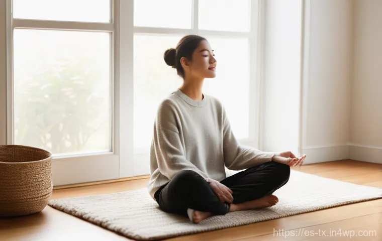 내면의 지혜를 통한 인간관계의 개선 - **Prompt:** A serene young woman in her late 20s sits comfortably on a plush, light-colored rug in a...