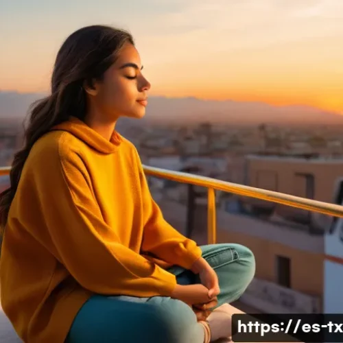 Home 11 내면의 지혜와 용기의 관계 - A serene scene depicting a young Hispanic woman sitting cross-legged on a balcony overlooking a vibr...