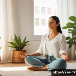 Home 20 인생의 전환점에서 내면의 지혜 찾기 - A serene scene of a young Hispanic professional woman meditating in a cozy, sunlit apartment corner ...