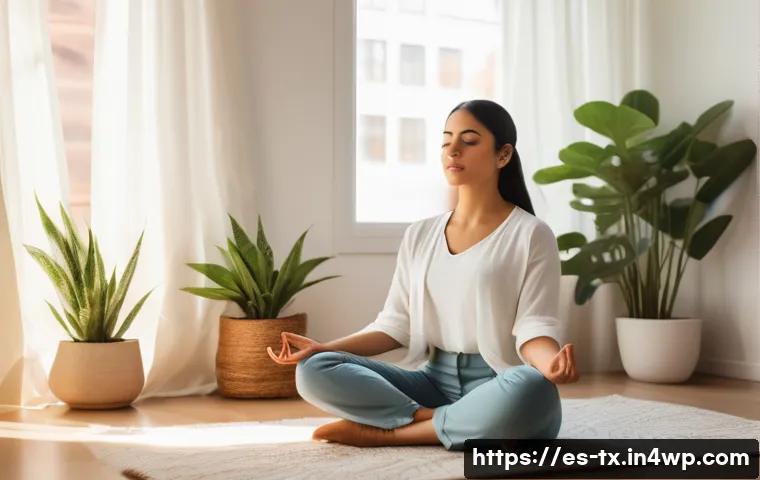 인생의 전환점에서 내면의 지혜 찾기 - A serene scene of a young Hispanic professional woman meditating in a cozy, sunlit apartment corner ...