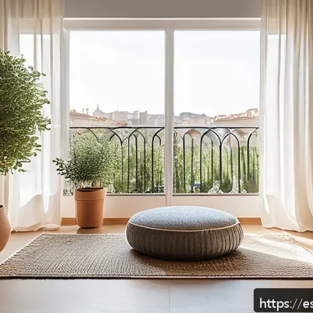내면의 지혜와 개인 발전의 상관관계 - A serene and cozy home meditation corner in a modern Spanish apartment, featuring warm natural light...
