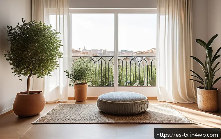 내면의 지혜와 개인 발전의 상관관계 - A serene and cozy home meditation corner in a modern Spanish apartment, featuring warm natural light...