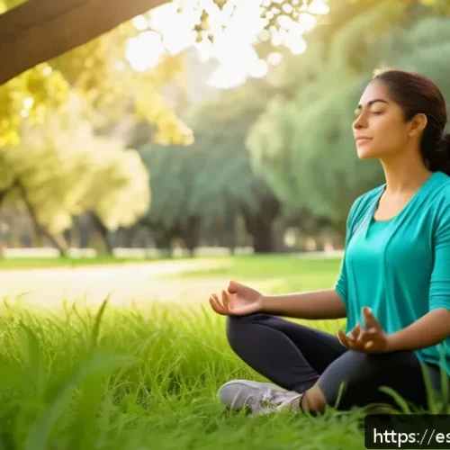 심리적 안정과 내면의 지혜 - A serene outdoor scene featuring a young Hispanic woman practicing conscious breathing in a lush par...