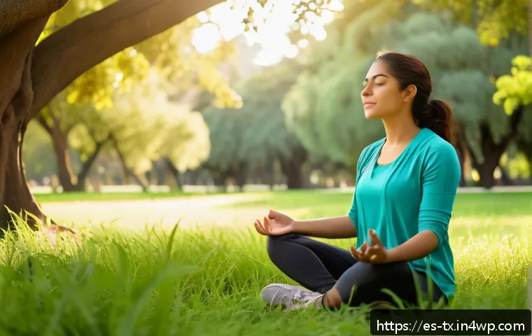 심리적 안정과 내면의 지혜 - A serene outdoor scene featuring a young Hispanic woman practicing conscious breathing in a lush par...