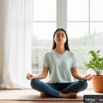 내면의 지혜를 활용한 실용적 접근법 - A serene indoor scene featuring a young adult woman practicing mindful breathing meditation by a lar...