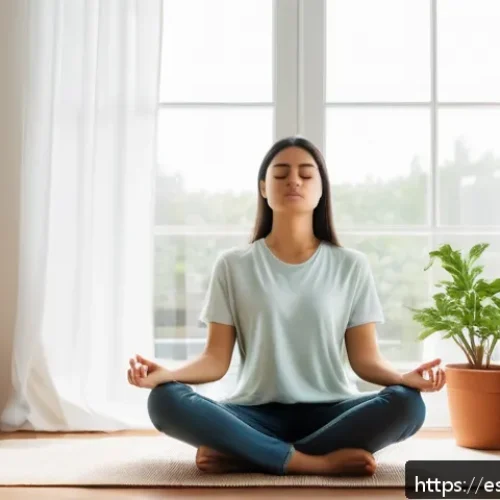 내면의 지혜를 활용한 실용적 접근법 - A serene indoor scene featuring a young adult woman practicing mindful breathing meditation by a lar...