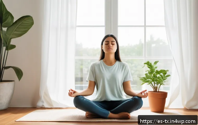 내면의 지혜를 활용한 실용적 접근법 - A serene indoor scene featuring a young adult woman practicing mindful breathing meditation by a lar...