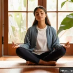 내면의 지혜와 삶의 질 향상 - A serene young Hispanic woman sitting cross-legged on a wooden floor in a cozy, softly lit room deco...