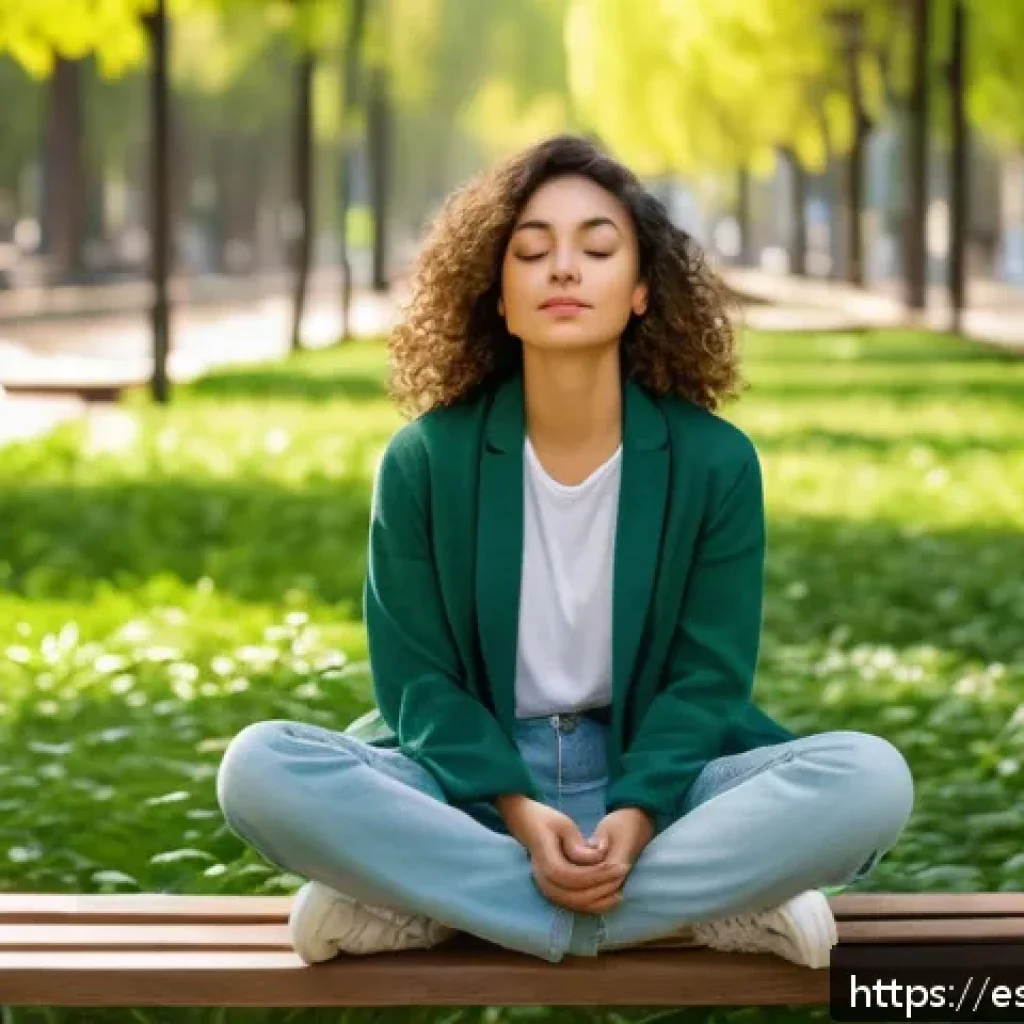 내면의 지혜를 통한 진정한 자아 찾기 - A serene young Hispanic woman sitting cross-legged on a wooden bench in a lush urban park in Madrid ...