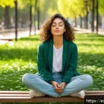 내면의 지혜를 통한 진정한 자아 찾기 - A serene young Hispanic woman sitting cross-legged on a wooden bench in a lush urban park in Madrid ...