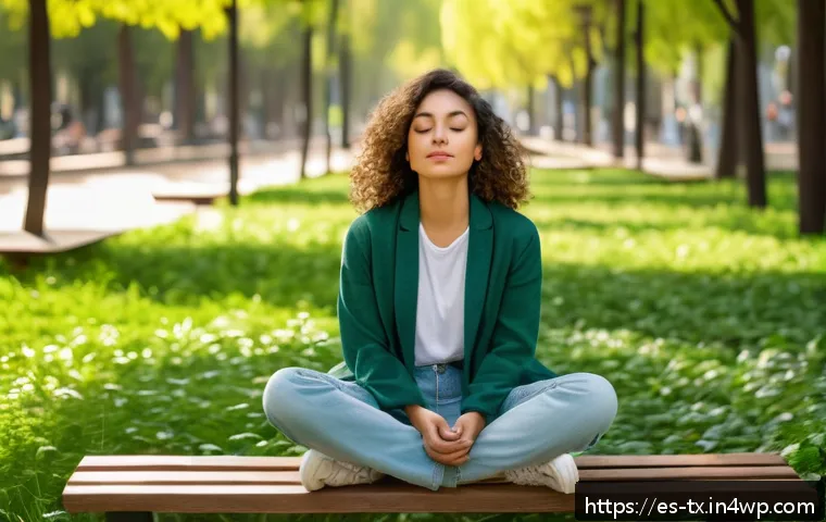 내면의 지혜를 통한 진정한 자아 찾기 - A serene young Hispanic woman sitting cross-legged on a wooden bench in a lush urban park in Madrid ...