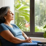 내면의 지혜로부터 배우는 리더십 - A serene and thoughtful middle-aged Hispanic woman sitting peacefully in a sunlit room with large wi...