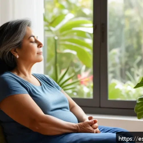 내면의 지혜로부터 배우는 리더십 - A serene and thoughtful middle-aged Hispanic woman sitting peacefully in a sunlit room with large wi...