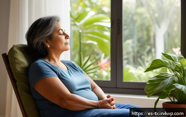 내면의 지혜로부터 배우는 리더십 - A serene and thoughtful middle-aged Hispanic woman sitting peacefully in a sunlit room with large wi...