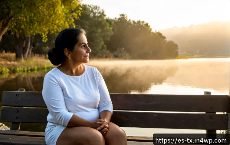 Home 17 내면의 지혜를 발견하는 여행 - Photorealistic sunrise scene of a thoughtful middle-aged Hispanic woman sitting quietly on a wooden ...