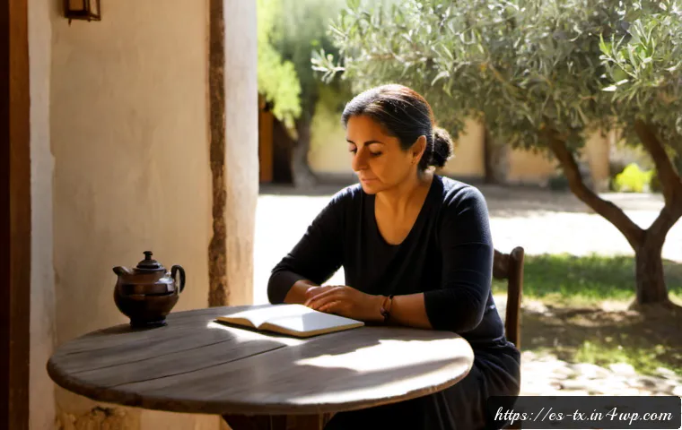 Home 17 내면의 지혜를 발견하는 기회 만들기 - Photorealistic middle-aged Hispanic woman sitting quietly in a sunlit courtyard of a traditional Spa...